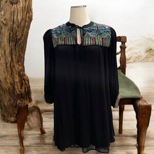 Easel Black Boho Peasant Tunic Dress Small‎ Embroidered Festival Hippie Chic